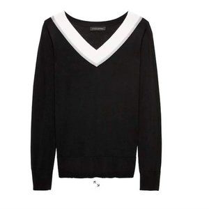 Banana Republic Merino Black Varsity V-Neck Sweater L
